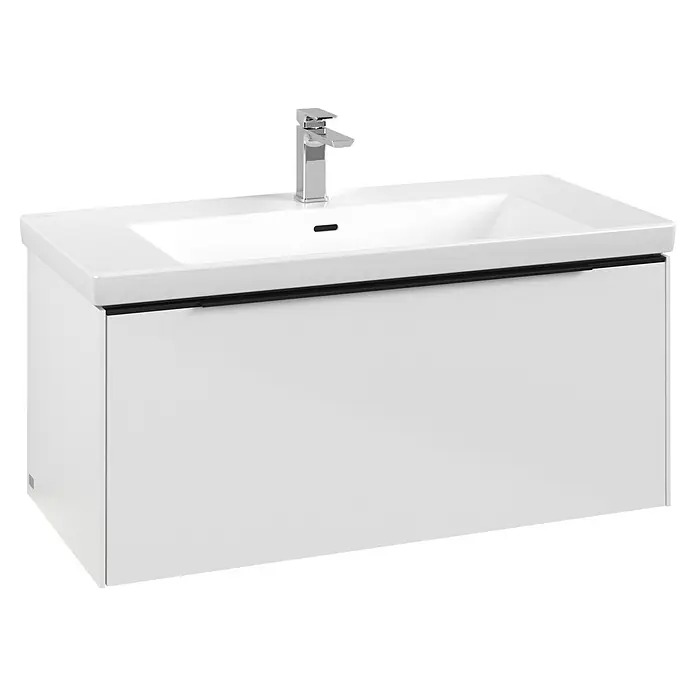 Villeroy & Boch Subway 3.0 Waschbeckenunterschrank - Brilliant White, Anzahl Schubladen: 1 Stk., Farbe Griff: Volcano Black, B x T x H: 97,3 x 47,8 x 42,9 cm, Mit Beleuchtung - Weißer wandmontierter Badunterschrank mit integriertem Waschbecken und Chromarmatur.