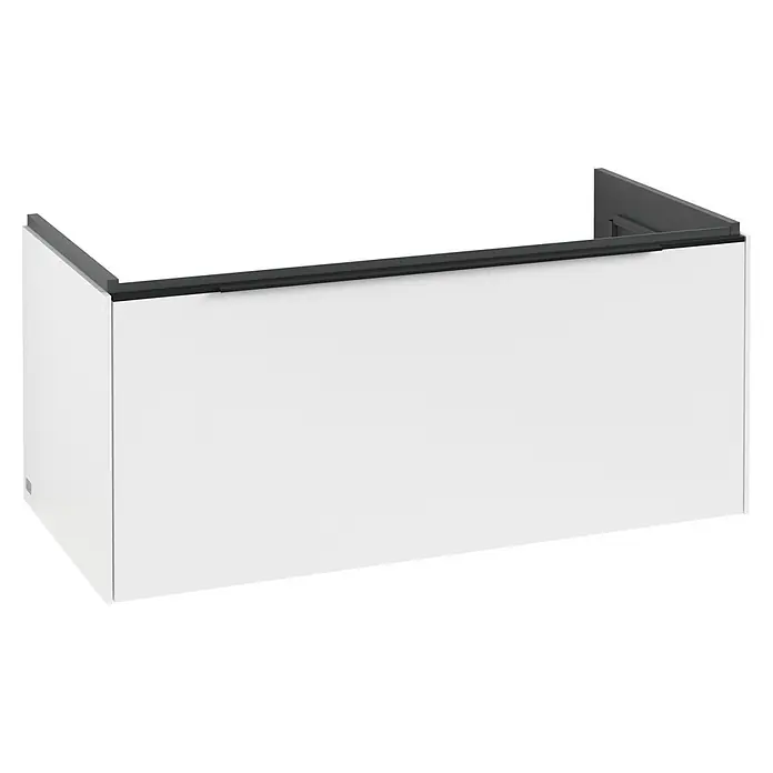 Villeroy & Boch Subway 3.0 Waschbeckenunterschrank - Pure White, Anzahl Schubladen: 1 Stk., Farbe Griff: Volcano Black, B x T x H: 97,3 x 47,8 x 42,9 cm, Mit Beleuchtung - Weißes rechteckiges Paneel mit dunkelgrauer Zierleiste.