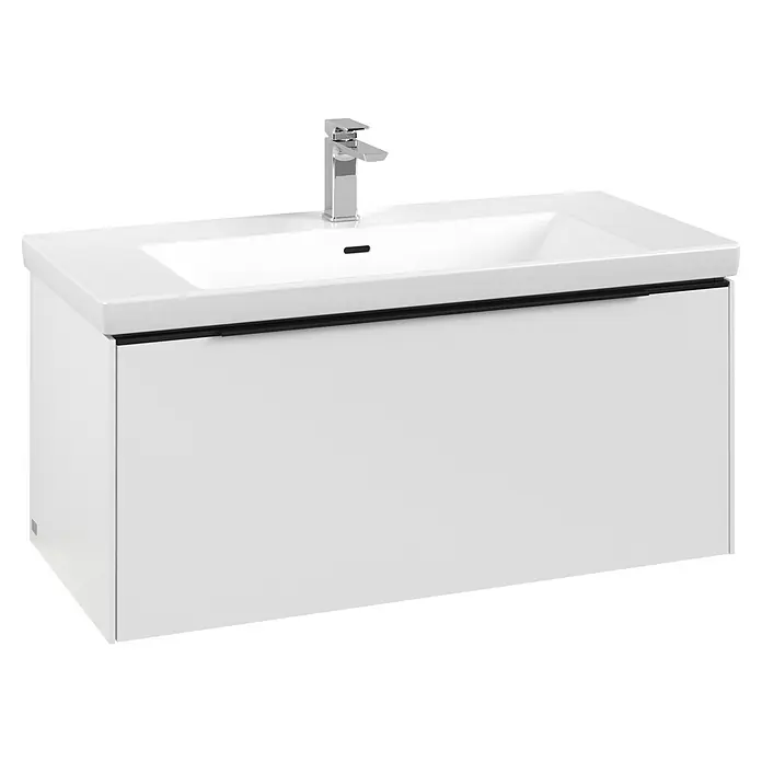 Villeroy & Boch Subway 3.0 Waschbeckenunterschrank - Pure White, Anzahl Schubladen: 1 Stk., Farbe Griff: Volcano Black, B x T x H: 97,3 x 47,8 x 42,9 cm, Mit Beleuchtung - Weißer wandmontierter Badezimmerwaschtisch mit integriertem Waschbecken und Chromarmatur.
