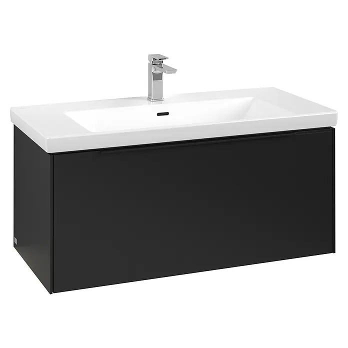 Villeroy & Boch Subway 3.0 Waschbeckenunterschrank - Volcano Black, Anzahl Schubladen: 1 Stk., Farbe Griff: Volcano Black, B x T x H: 97,3 x 47,8 x 42,9 cm, Mit Beleuchtung - Wandhängender Waschtischunterschrank in Dunkelgrau mit integriertem weißen Waschbecken und Chromarmatur.
