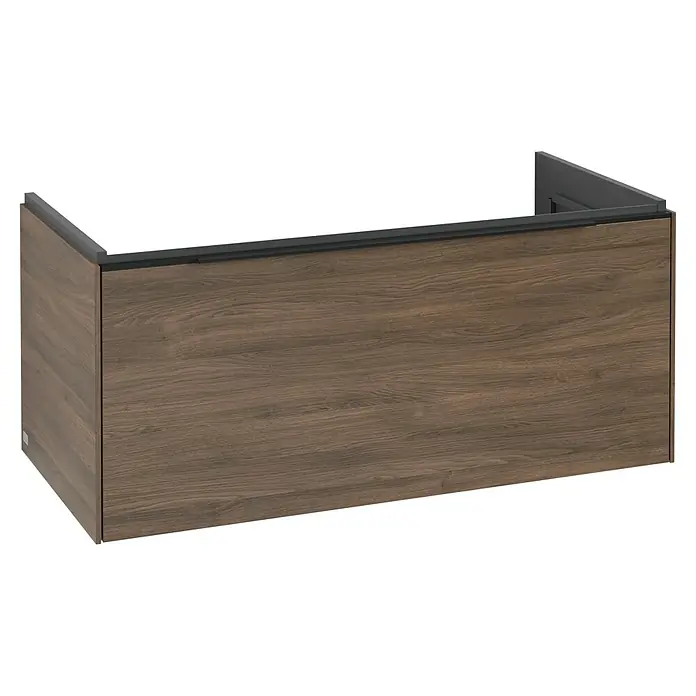 Villeroy & Boch Subway 3.0 Waschbeckenunterschrank - Arizona Oak, Anzahl Schubladen: 1 Stk., Farbe Griff: Volcano Black, B x T x H: 97,3 x 47,8 x 42,9 cm, Mit Beleuchtung - Dunkelbrauner, holzmaserierter schwebender Waschtischunterschrank mit schwarzem Metallrahmen.