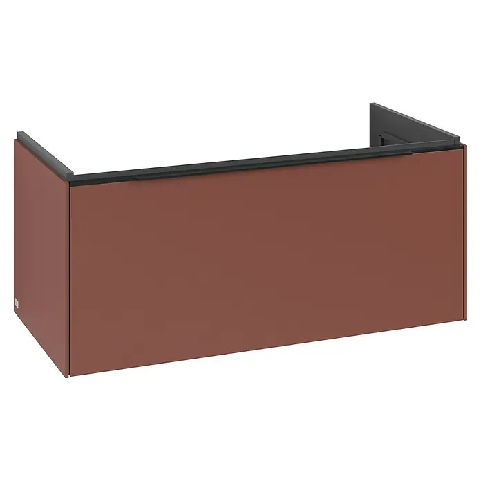 Villeroy & Boch Subway 3.0 Waschbeckenunterschrank - Wine Red, Anzahl Schubladen: 1 Stk., Farbe Griff: Volcano Black, B x T x H: 97,3 x 47,8 x 42,9 cm, Mit Beleuchtung - Rechteckiger rötlich-brauner Sichtschutz mit dunkelgrauem oberen Rand.
