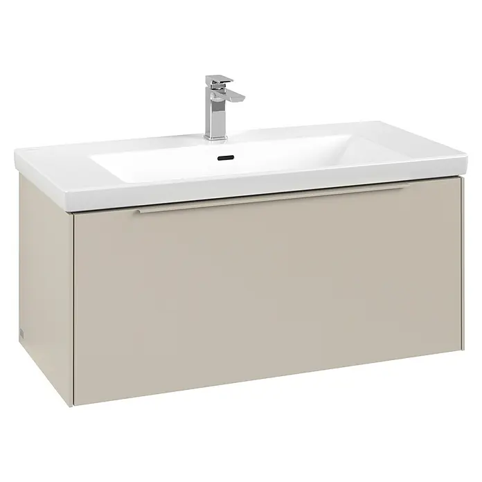 Villeroy & Boch Subway 3.0 Waschbeckenunterschrank - Cashmere Grey, Anzahl Schubladen: 1 Stk., Farbe Griff: Monochrom, B x T x H: 97,3 x 47,8 x 42,9 cm, Mit Beleuchtung - Beiger Badunterschrank mit integriertem weißem Keramikwaschbecken und Chromarmatur.