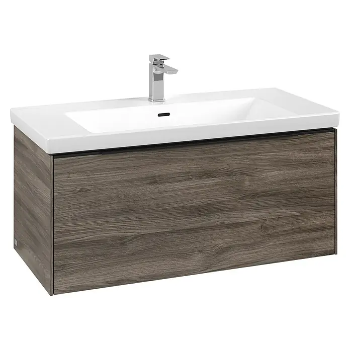 Villeroy & Boch Subway 3.0 Waschbeckenunterschrank - Stone Oak, Anzahl Schubladen: 1 Stk., Farbe Griff: Volcano Black, B x T x H: 97,3 x 47,8 x 42,9 cm, Mit Beleuchtung - Wandhängender Badunterschrank mit dunkler Holzoptik, weißem integriertem Keramikwaschbecken und Chromarmatur.