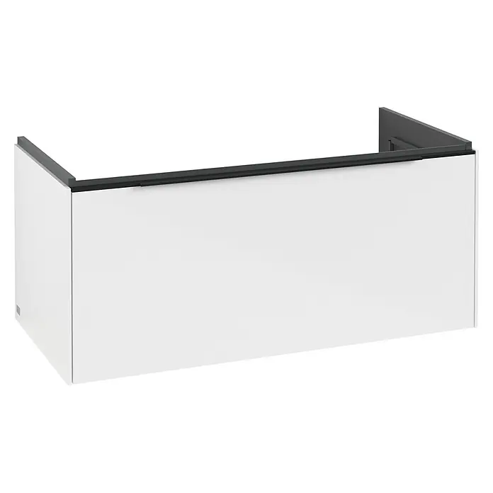 Villeroy & Boch Subway 3.0 Waschbeckenunterschrank - Brilliant White, Anzahl Schubladen: 1 Stk., Farbe Griff: Volcano Black, B x T x H: 97,3 x 47,8 x 42,9 cm, Mit Beleuchtung - Weiße Badewannenverkleidung mit dunkelgrauer Oberleiste.