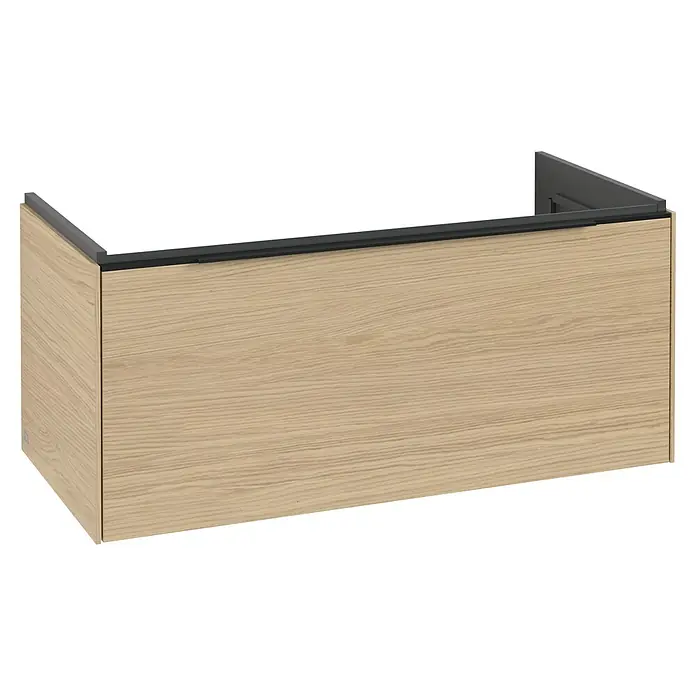 Villeroy & Boch Subway 3.0 Waschbeckenunterschrank - Nordik Oak, Anzahl Schubladen: 1 Stk., Farbe Griff: Volcano Black, B x T x H: 97,3 x 47,8 x 42,9 cm, Mit Beleuchtung - Wandmontierter Unterschrank in heller Holzoptik mit dunkelgrauem oberen Akzent.