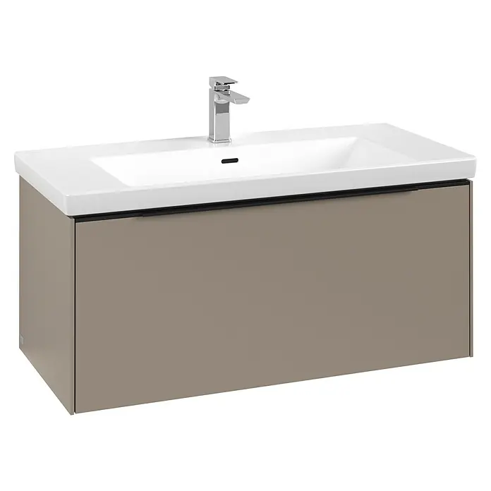 Villeroy & Boch Subway 3.0 Waschbeckenunterschrank - Taupe, Anzahl Schubladen: 1 Stk., Farbe Griff: Volcano Black, B x T x H: 97,3 x 47,8 x 42,9 cm, Mit Beleuchtung - Wandhängender Waschtischunterschrank in Taupe mit weißem Waschbecken und Chromarmatur.