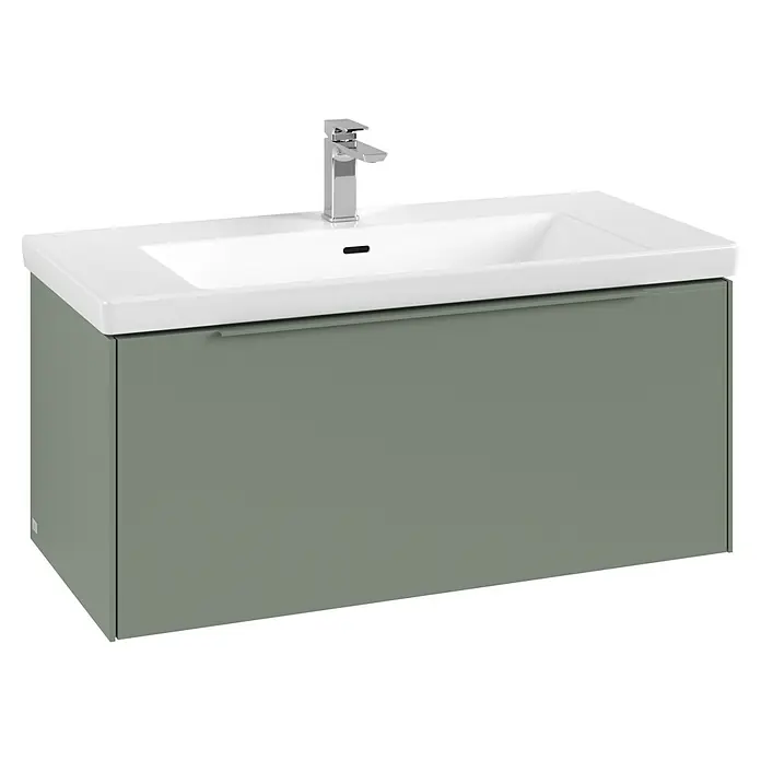 Villeroy & Boch Subway 3.0 Waschbeckenunterschrank - Soft Green, Anzahl Schubladen: 1 Stk., Farbe Griff: Monochrom, B x T x H: 97,3 x 47,8 x 42,9 cm, Mit Beleuchtung - Grüner Badunterschrank mit integriertem weißen Waschbecken und Chromarmatur.