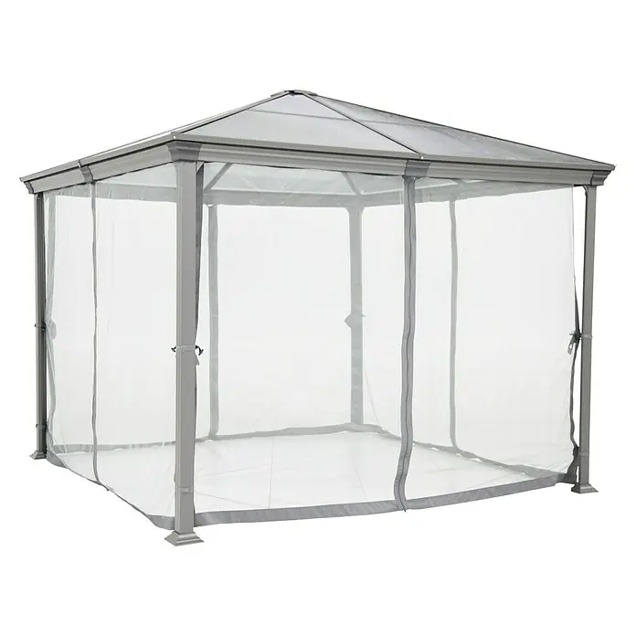 Sunfun Pared lateral de pérgola Reo - Específico para: Carpa Sunfun Reo - Imagen de una glorieta con mosquiteras y un marco gris, que ofrece una adición elegante y funcional a cualquier espacio exterior.
