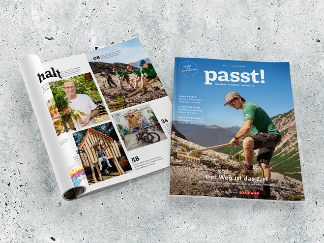 Mockup vom passt Magazin April 2025, Titelbild und Inhaltsseite werden gezeigt