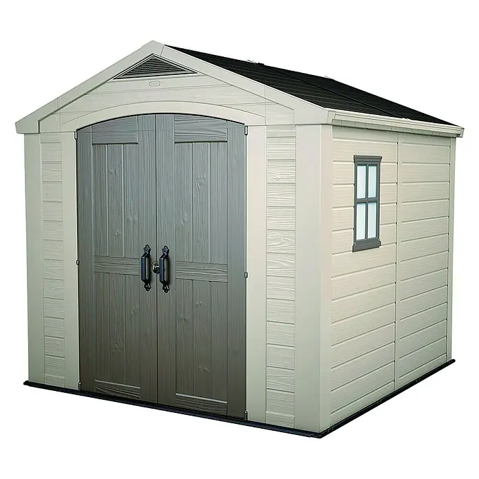 Keter Caseta de jardín Factor 8x8 - Medidas ext. (An x Pr): 256,5 x 255 cm, Beige/Marrón, Plástico, Área: 6,54 m² - Un cobertizo de jardín espacioso con puertas dobles y ventana, ideal para guardar herramientas de jardín y muebles.