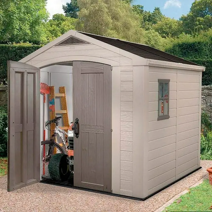 Keter Caseta de jardín Factor 8x8 - Medidas ext. (An x Pr): 256,5 x 255 cm, Beige/Marrón, Plástico, Área: 6,54 m² - Caseta de jardín espaciosa con puerta abierta, ideal para guardar herramientas de jardinería, bicicletas y más. Resistente y duradera.