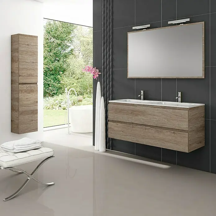 Camargue Mueble bajo de lavabo 2 senos Módena - L x An x Al: 45 x 120 x 50 cm, Nebraska gris - Baño con mueble de lavabo de aspecto madera, espejo y armario alto. El diseño moderno añade un toque elegante al espacio.