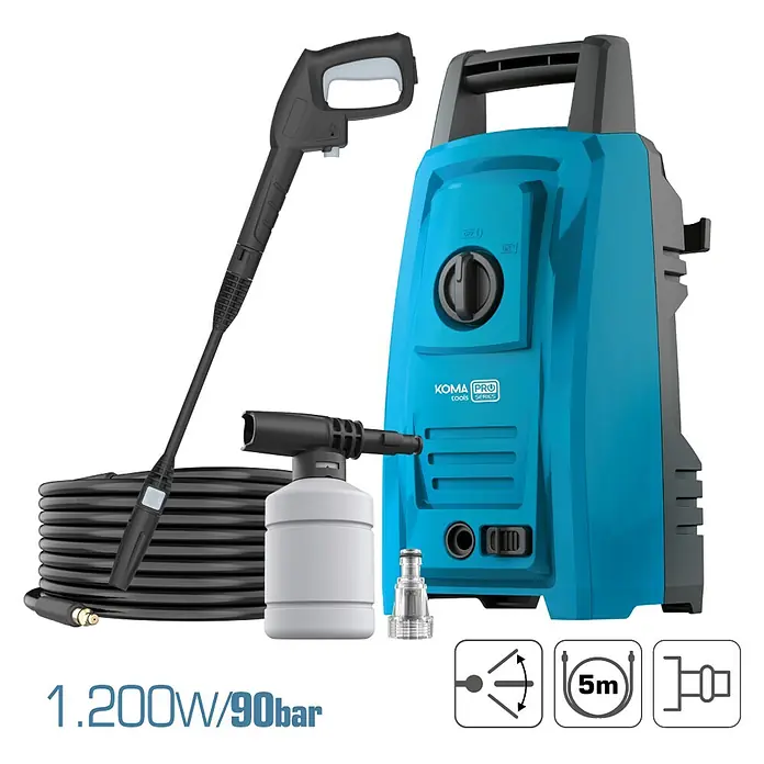 Koma Tools PRO Series Hidrolimpiadora de alta presión - 90 bar, 1.200 W, Capacidad de bombeo: 330 l/h - Un conjunto de hidrolimpiadora azul Koma Pro Tools Series con accesorios y especificaciones.