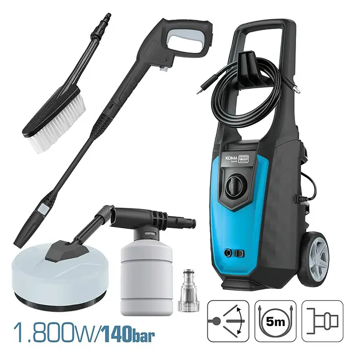Koma Tools PRO Series Hidrolimpiadora de alta presión 08472 - 150 bar, 1.800 W, Capacidad de bombeo: 360 l/h - Imagen de una hidrolimpiadora Koma Pro con accesorios. La hidrolimpiadora es negra y azul y tiene una potencia de 1.800W/140bar.