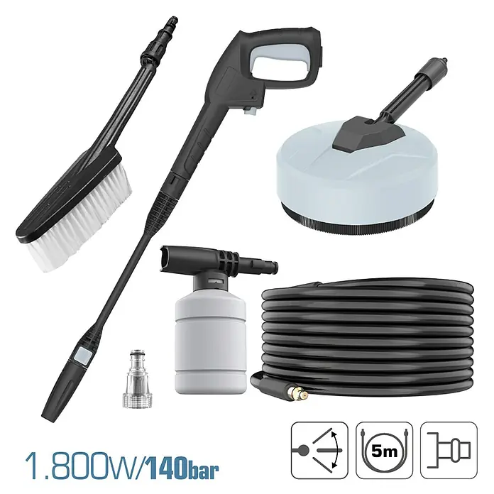 Koma Tools PRO Series Hidrolimpiadora de alta presión 08472 - 150 bar, 1.800 W, Capacidad de bombeo: 360 l/h - La imagen muestra un conjunto de accesorios para hidrolimpiadora, incluyendo boquillas, cepillos y manguera. Un kit práctico para limpieza exterior.