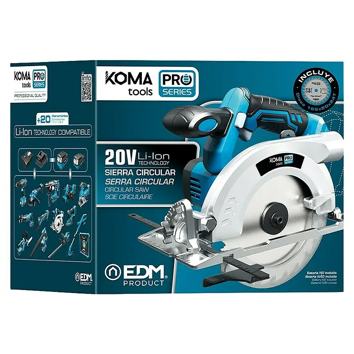 Koma Tools PRO Series Sierra circular de batería - 20 V, 1 batería, 4 Ah, 3.800 r.p.m., Diámetro hoja de sierra: 165 mm - Sierra circular inalámbrica Li-Ion de 20V azul y negra con hoja plateada. Mostrada en su embalaje.