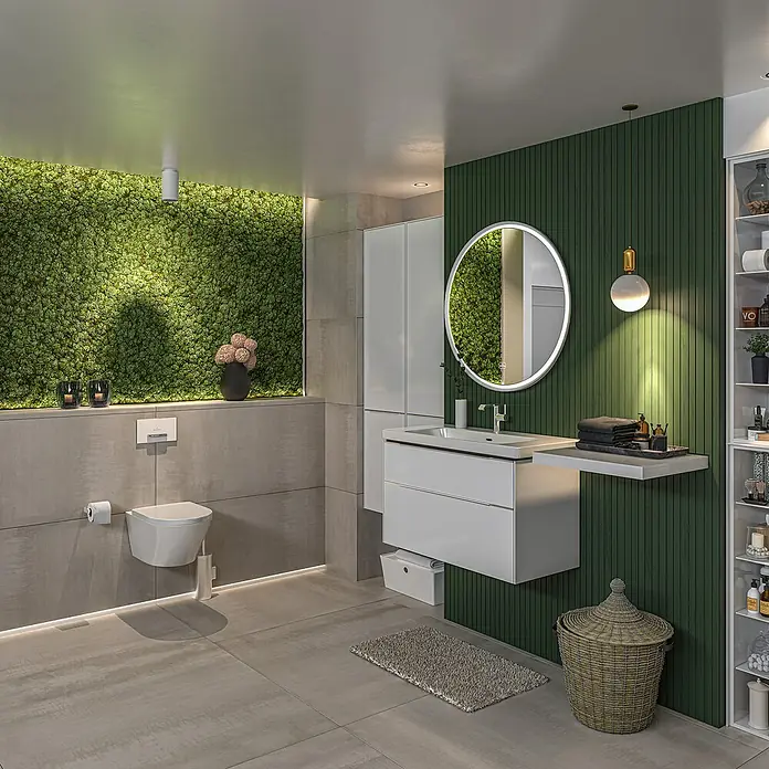 Villeroy & Boch Subway 3.0 Waschbeckenunterschrank - Brilliant White, Anzahl Schubladen: 2 Stk., Farbe Griff: Aluminium glänzend, B x T x H: 97,3 x 47,8 x 57,6 cm - Modernes Badezimmer mit Hänge-WC, Waschtisch, beleuchtetem Spiegel und grüner Mooswand.