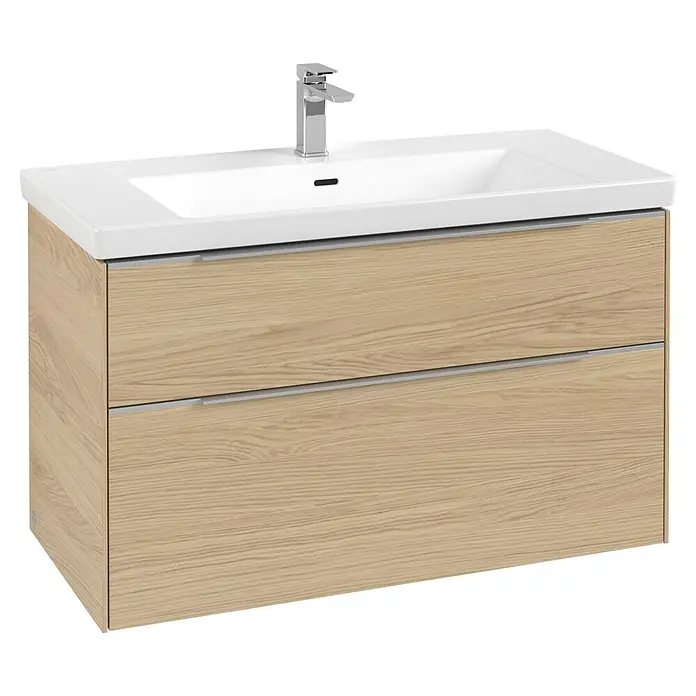 Villeroy & Boch Subway 3.0 Waschbeckenunterschrank - Nordik Oak, Anzahl Schubladen: 2 Stk., Farbe Griff: Aluminium glänzend, B x T x H: 97,3 x 47,8 x 57,6 cm - Waschtischunterschrank aus hellem Holz mit weißem Waschbecken, Chromarmatur und zwei Schubladen.