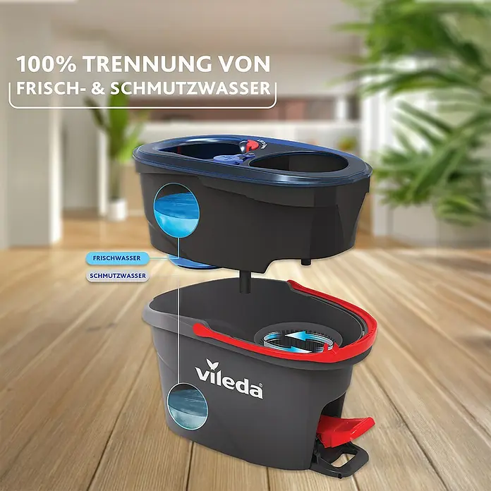 Vileda Bodenwisch-Set H2PRO Spin Mop System - 4 -tlg., 1 x Eimer mit 2-Tanksystem und Powerschleuder, 1 x Teleskopstiel, 2 x Wischmopp-Kopf - Der Vileda Ultramat Turbo Eimer mit Auswringer sorgt für saubere und getrennte Reinigung mit Frisch- und Schmutzwasser.