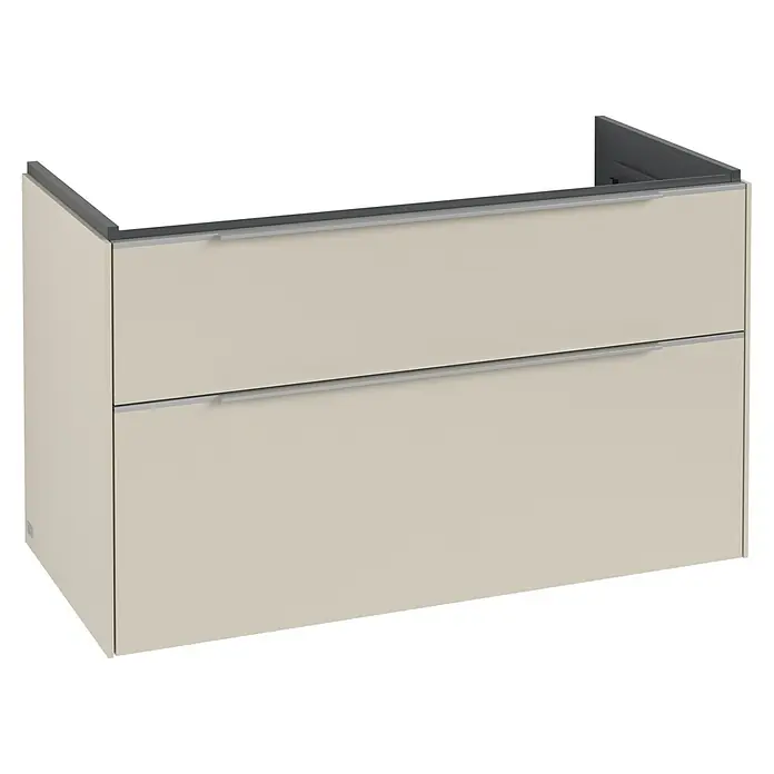 Villeroy & Boch Subway 3.0 Waschbeckenunterschrank - Cashmere Grey, Anzahl Schubladen: 2 Stk., Farbe Griff: Aluminium glänzend, B x T x H: 97,3 x 47,8 x 57,6 cm - Hellbeiger Waschtischunterschrank mit zwei Schubladen, integrierten silbernen Griffen und dunkelgrauer Oberkante.