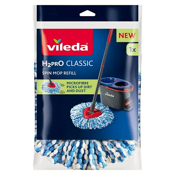 Vileda Bodenwisch-Set H2PRO Spin Mop System - 4 -tlg., 1 x Eimer mit 2-Tanksystem und Powerschleuder, 1 x Teleskopstiel, 2 x Wischmopp-Kopf - Das Vileda H2Pro Classic Spin Mop Refill Pack enthält einen Mikrofaser-Mopkopf für eine effektive Schmutz- und Staubaufnahme.