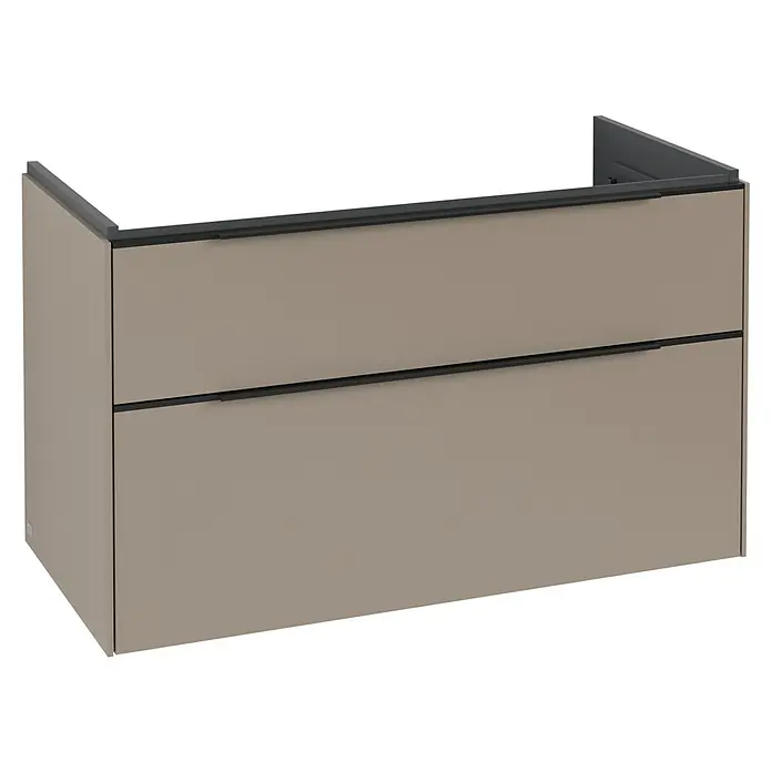 Villeroy & Boch Subway 3.0 Waschbeckenunterschrank - Taupe, Anzahl Schubladen: 2 Stk., Farbe Griff: Volcano Black, B x T x H: 97,3 x 47,8 x 57,6 cm - Beigefarbener Badunterschrank mit zwei Schubladen und integrierten dunklen Griffen.