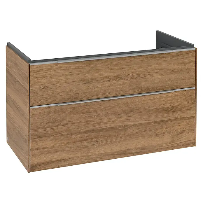 Villeroy & Boch Subway 3.0 Waschbeckenunterschrank - Kansas Oak, Anzahl Schubladen: 2 Stk., Farbe Griff: Aluminium glänzend, B x T x H: 97,3 x 47,8 x 57,6 cm - Brauner Unterschrank in Holzoptik mit zwei Schubladen und integrierten silbernen Griffen.