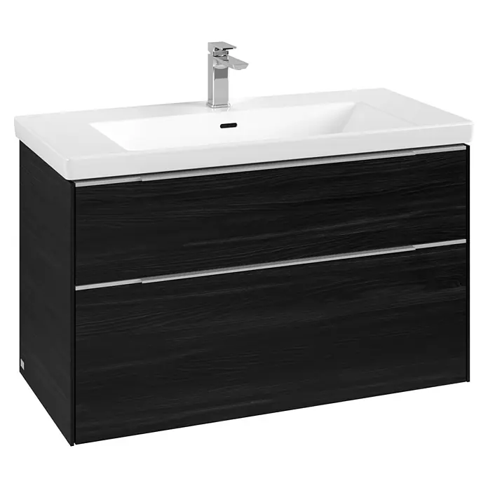 Villeroy & Boch Subway 3.0 Waschbeckenunterschrank - Black Oak, Anzahl Schubladen: 2 Stk., Farbe Griff: Aluminium glänzend, B x T x H: 97,3 x 47,8 x 57,6 cm - Moderner Waschtischunterschrank aus dunklem Holz mit weißem Waschbecken, Chromarmatur und zwei Schubladen mit silbernen Griffen.