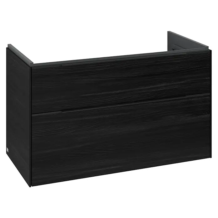 Villeroy & Boch Subway 3.0 Waschbeckenunterschrank - Black Oak, Anzahl Schubladen: 2 Stk., Farbe Griff: Volcano Black, B x T x H: 97,3 x 47,8 x 57,6 cm - Wandhängender schwarzer Holzschrank mit zwei Schubladen und integrierten dunklen Griffen.