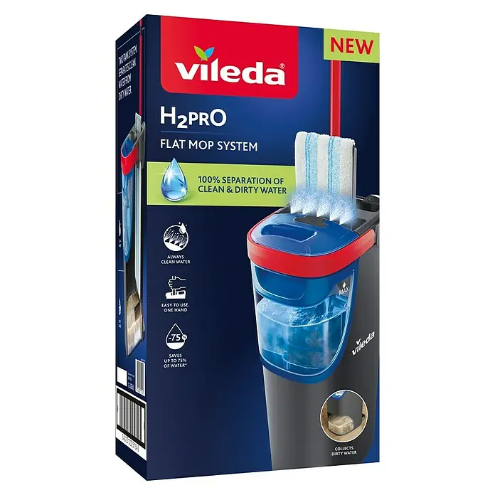 Vileda Reinigungssystem & Eimer H2PRO Flat Mop System - 1 x Flachwischer, 1 x Eimer mit Zweitanksystem, 1 x Wischbezug - Das Vileda H2O Pro Wischsystem mit zwei Tanks trennt sauberes von schmutzigem Wasser und spart bis zu 75% Wasser.