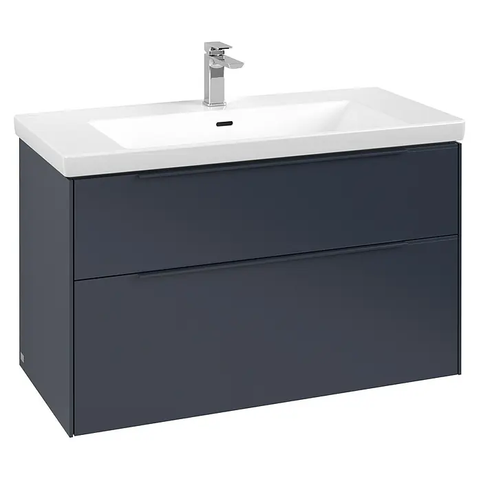 Villeroy & Boch Subway 3.0 Waschbeckenunterschrank - Marine Blue, Anzahl Schubladen: 2 Stk., Farbe Griff: Monochrom, B x T x H: 97,3 x 47,8 x 57,6 cm - Dunkelgrauer Badunterschrank mit zwei Schubladen, weißem Waschbecken und Chromarmatur.
