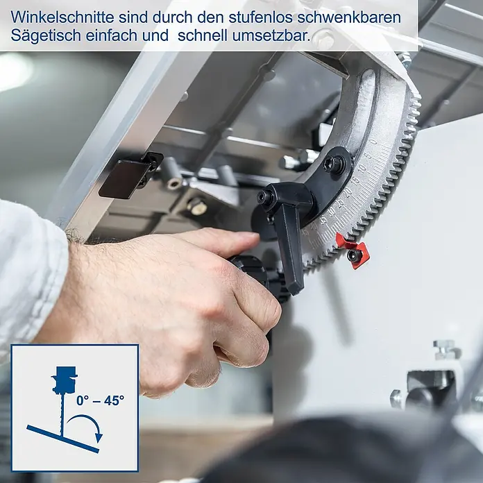 Scheppach Bandsäge HBS261 - 550 W, Durchlasshöhe: 130 mm, Durchlassbreite: 245 mm - Winkelverstellung an einer Säge für präzise Schnitte. Der schwenkbare Sägetisch ermöglicht einfache und schnelle Winkelschnitte von 0° bis 45°.