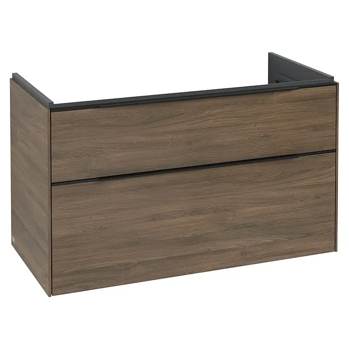 Villeroy & Boch Subway 3.0 Waschbeckenunterschrank - Arizona Oak, Anzahl Schubladen: 2 Stk., Farbe Griff: Volcano Black, B x T x H: 97,3 x 47,8 x 57,6 cm - Dunkelbrauner Wandwaschtisch mit Holzoptik, zwei grifflosen Schubladen und dunkelgrauer Oberkante.