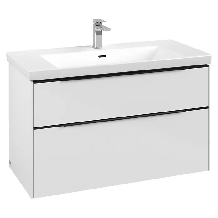 Villeroy & Boch Subway 3.0 Waschbeckenunterschrank - Brilliant White, Anzahl Schubladen: 2 Stk., Farbe Griff: Volcano Black, B x T x H: 97,3 x 47,8 x 57,6 cm - Moderne weiße Badmöbel mit integriertem Keramikwaschbecken, Chromarmatur und zwei Schubladen mit schwarzen Griffen.