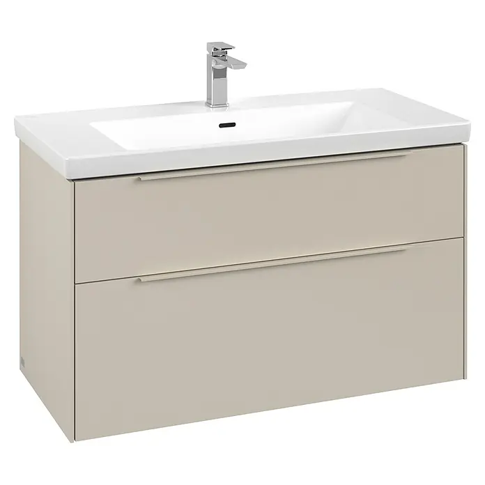 Villeroy & Boch Subway 3.0 Waschbeckenunterschrank - Cashmere Grey, Anzahl Schubladen: 2 Stk., Farbe Griff: Monochrom, B x T x H: 97,3 x 47,8 x 57,6 cm - Beige wandhängender Badunterschrank mit zwei Schubladen, integriertem weißen Keramikwaschbecken und Chromarmatur.