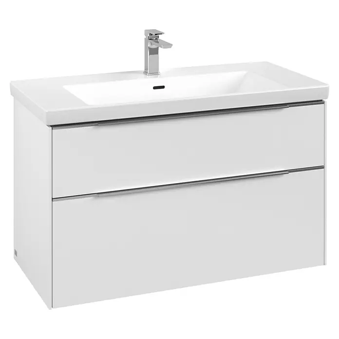 Villeroy & Boch Subway 3.0 Waschbeckenunterschrank - Pure White, Anzahl Schubladen: 2 Stk., Farbe Griff: Aluminium glänzend, B x T x H: 97,3 x 47,8 x 57,6 cm - Weißer Badunterschrank mit Keramikwaschbecken, Chromarmatur und zwei Schubladen mit silbernen Griffen.
