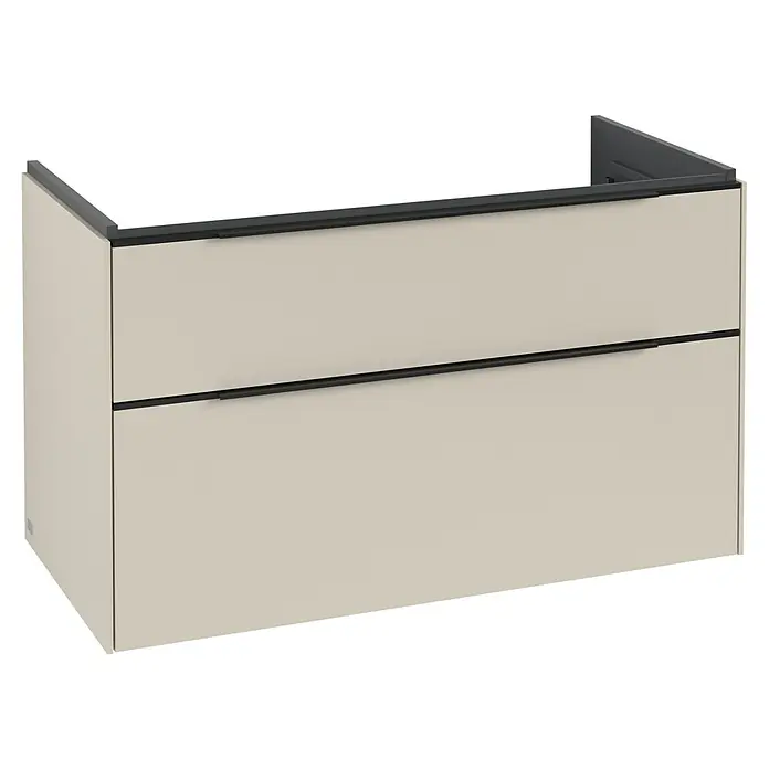 Villeroy & Boch Subway 3.0 Waschbeckenunterschrank - Cashmere Grey, Anzahl Schubladen: 2 Stk., Farbe Griff: Volcano Black, B x T x H: 97,3 x 47,8 x 57,6 cm - Hellbeiger Waschtischunterschrank mit zwei Schubladen, dunklen Griffen und Oberkante.
