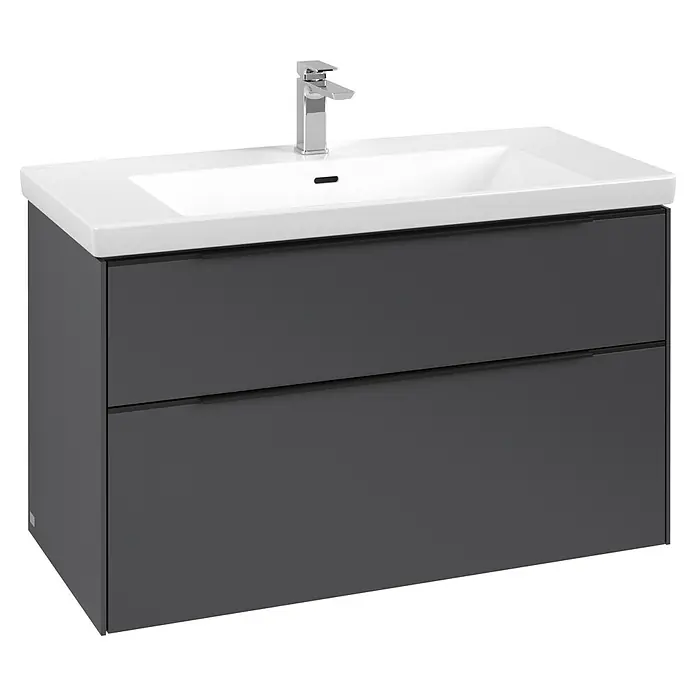 Villeroy & Boch Subway 3.0 Waschbeckenunterschrank - Graphite, Anzahl Schubladen: 2 Stk., Farbe Griff: Volcano Black, B x T x H: 97,3 x 47,8 x 57,6 cm - Dunkelgrauer Waschtischunterschrank mit zwei Schubladen, weißem Keramikwaschbecken und Chromarmatur.