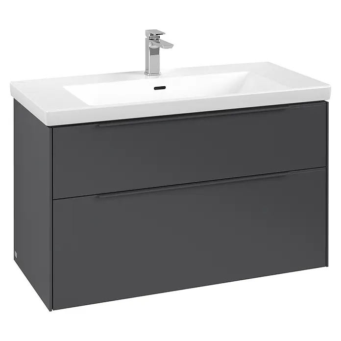 Villeroy & Boch Subway 3.0 Waschbeckenunterschrank - Graphite, Anzahl Schubladen: 2 Stk., Farbe Griff: Monochrom, B x T x H: 97,3 x 47,8 x 57,6 cm - Dunkelgrauer Waschtischunterschrank mit zwei Schubladen und weißem Waschbecken mit Chromarmatur.