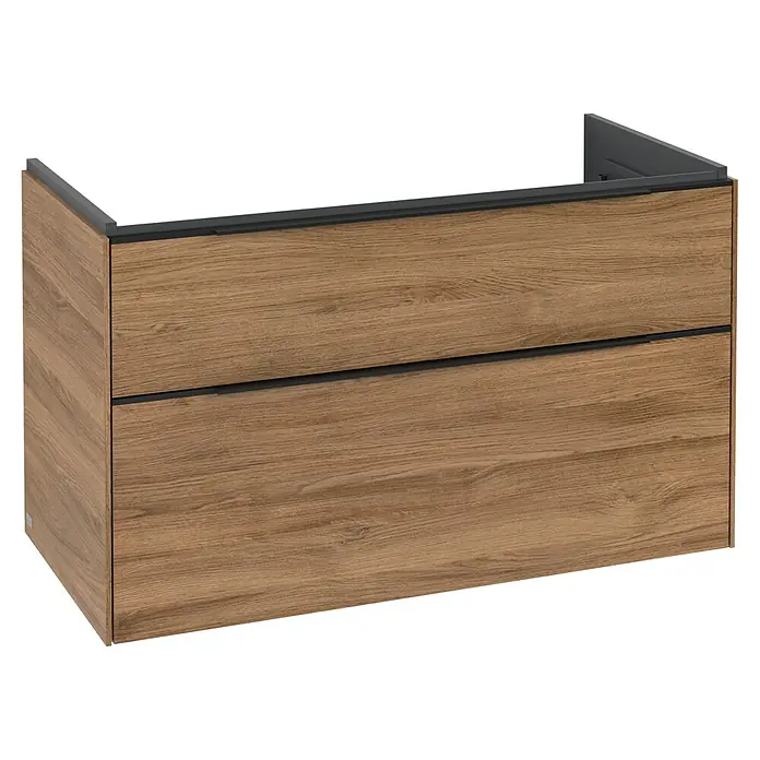 Villeroy & Boch Subway 3.0 Waschbeckenunterschrank - Kansas Oak, Anzahl Schubladen: 2 Stk., Farbe Griff: Volcano Black, B x T x H: 97,3 x 47,8 x 57,6 cm - Wandmontierter Waschtischunterschrank aus Holz mit zwei Schubladen, grauen Griffen und Oberkante.