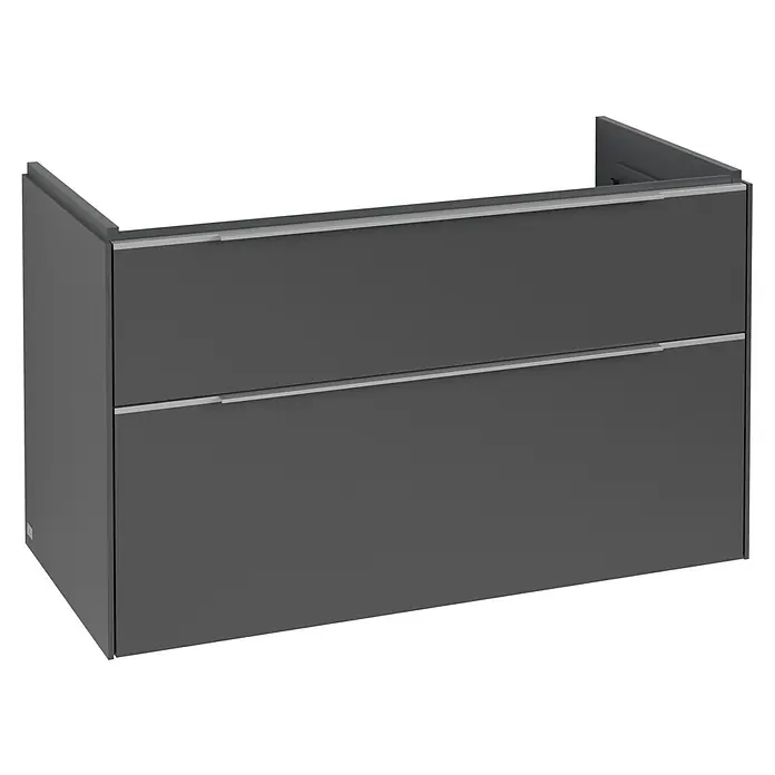 Villeroy & Boch Subway 3.0 Waschbeckenunterschrank - Graphite, Anzahl Schubladen: 2 Stk., Farbe Griff: Aluminium glänzend, B x T x H: 97,3 x 47,8 x 57,6 cm - Dunkelgrauer wandmontierter Badunterschrank mit zwei Schubladen und integrierten silbernen Griffen.