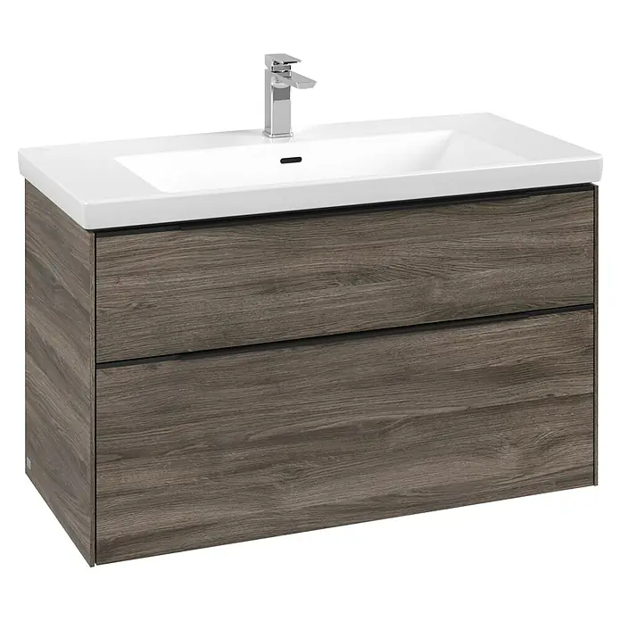 Villeroy & Boch Subway 3.0 Waschbeckenunterschrank - Stone Oak, Anzahl Schubladen: 2 Stk., Farbe Griff: Volcano Black, B x T x H: 97,3 x 47,8 x 57,6 cm - Wandhängender Badschrank mit dunkelgrauem Holz-Finish, zwei Schubladen, einem weißen Keramikwaschbecken und einer Chromarmatur.
