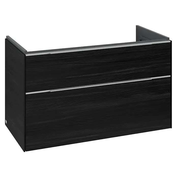 Villeroy & Boch Subway 3.0 Waschbeckenunterschrank - Black Oak, Anzahl Schubladen: 2 Stk., Farbe Griff: Aluminium glänzend, B x T x H: 97,3 x 47,8 x 57,6 cm - Schwarzer Holzmaserung-Unterschrank mit zwei silber-grauen Griffen.