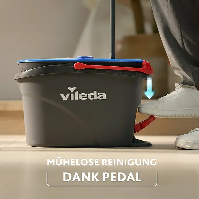 Vileda Bodenwisch-Set H2PRO Spin Mop System - 4 -tlg., 1 x Eimer mit 2-Tanksystem und Powerschleuder, 1 x Teleskopstiel, 2 x Wischmopp-Kopf - Vileda Eimer mit Pedal zum mühelosen Reinigen von Böden. Einfache Bedienung dank Fußpedal.