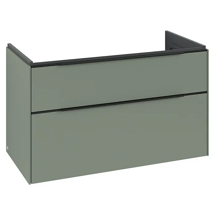 Villeroy & Boch Subway 3.0 Waschbeckenunterschrank - Soft Green, Anzahl Schubladen: 2 Stk., Farbe Griff: Volcano Black, B x T x H: 97,3 x 47,8 x 57,6 cm - Salbeigrüner Waschtischunterschrank mit zwei Schubladen und dunkelgrauen Griffen.