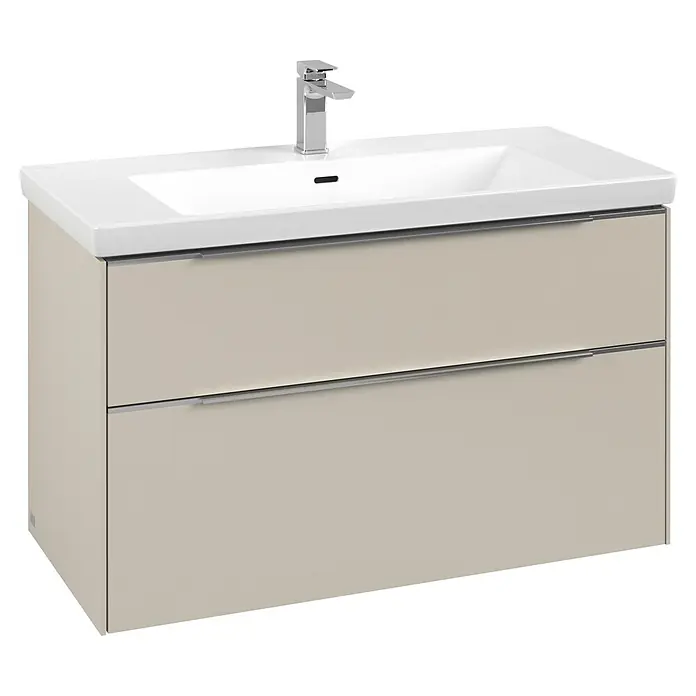 Villeroy & Boch Subway 3.0 Waschbeckenunterschrank - Cashmere Grey, Anzahl Schubladen: 2 Stk., Farbe Griff: Aluminium glänzend, B x T x H: 97,3 x 47,8 x 57,6 cm - Beiger Badunterschrank mit weißem Keramikwaschbecken, Chromarmatur und zwei Schubladen mit silbernen Griffen.