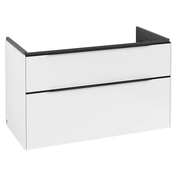Villeroy & Boch Subway 3.0 Waschbeckenunterschrank - Brilliant White, Anzahl Schubladen: 2 Stk., Farbe Griff: Volcano Black, B x T x H: 97,3 x 47,8 x 57,6 cm - Weißer Waschtischunterschrank mit zwei Schubladen, schwarzen Griffen und dunkelgrauer Oberkante.
