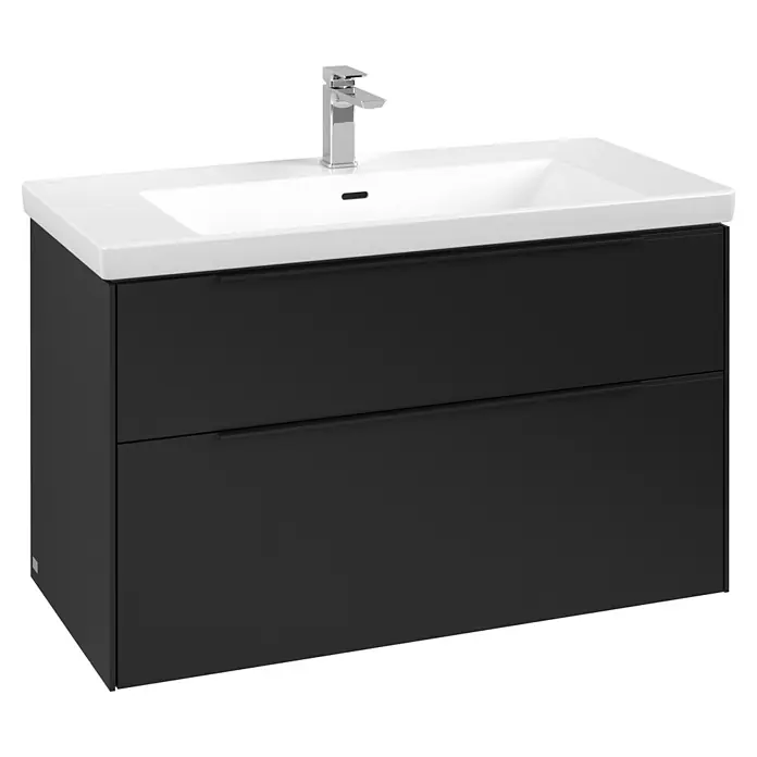 Villeroy & Boch Subway 3.0 Waschbeckenunterschrank - Volcano Black, Anzahl Schubladen: 2 Stk., Farbe Griff: Volcano Black, B x T x H: 97,3 x 47,8 x 57,6 cm - Dunkelgrauer Waschtischunterschrank mit zwei Schubladen, integriertem weißen Waschbecken und Chromarmatur.