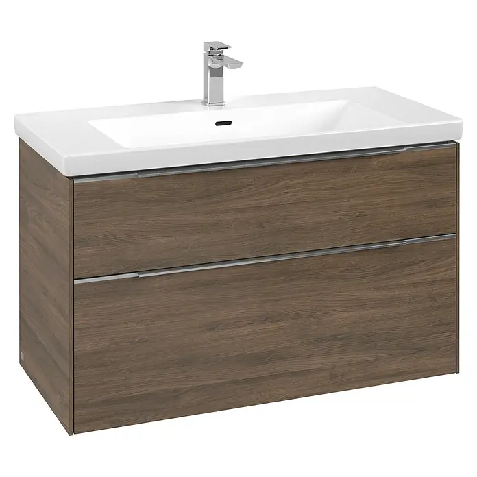 Villeroy & Boch Subway 3.0 Waschbeckenunterschrank - Arizona Oak, Anzahl Schubladen: 2 Stk., Farbe Griff: Aluminium glänzend, B x T x H: 97,3 x 47,8 x 57,6 cm - Moderner Badunterschrank mit zwei dunkelbraunen Holzschubladen, weißem Keramikwaschbecken und Chromarmatur.